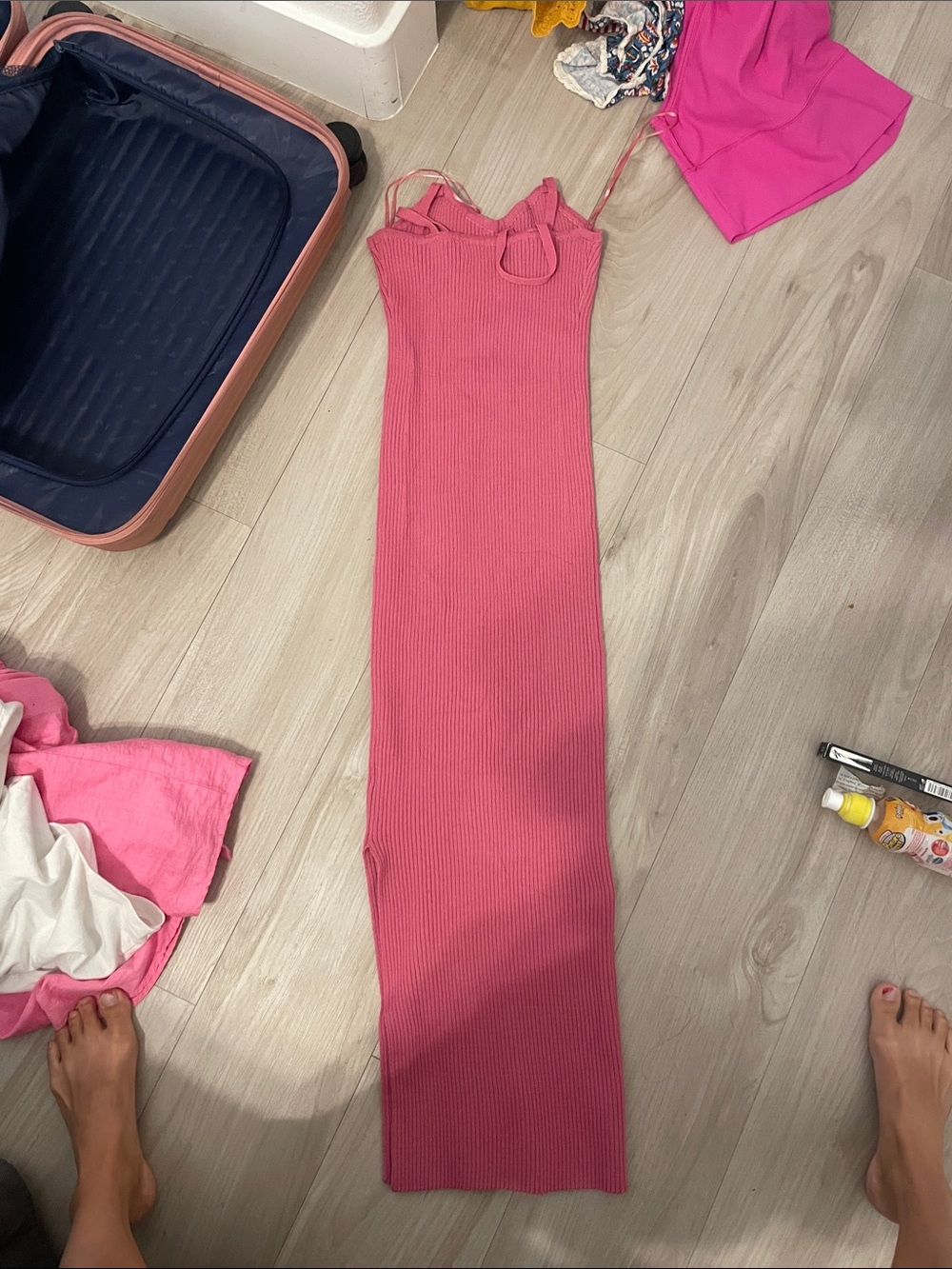 Hello Molly Hot Pink Ribbed Maxi Dress with Spaghetti Straps - Picture 2 of 3